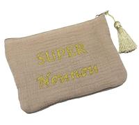 Oh My Shop ATM178 - Trousse Pochette Coton Taupe Message Super Nounou Pompon Doré