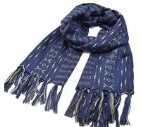 Oh My Shop PSV109 - Echarpe Longue Automne Hiver avec Motif Ethnique Rayé et Franges Fils (Bleu Marine)