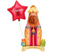 OH YEAH - Ballon Foil Rois Mages Gaspar + étoile rouge personnalisable - 110 cm - Décoration de Noël - Célébrations familiales - Roscon des rois - Événements de Noël - Choisissez votre nom
