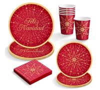 OH YEAH - Kit de vaisselle de Noël 6 personnes Joyeux Noël - 48 pièces - Assiettes, verres et serviettes jetables - Décoration de table de Noël - Motif étoiles dorées - Célébrations
