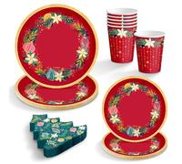 OH YEAH - Kit de vaisselle de Noël pour 6 personnes - 38 pièces - Assiettes, gobelets, serviettes jetables - Décoration de table de Noël - Design ornements et fleurs - Célébrations de Noël