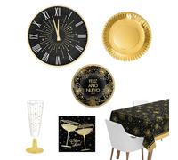 OH YEAH - Kit de vaisselle jetable pour le Nouvel An - Pièces - Assiettes, verres et serviettes de fin d'année - Décoration de table de fête Happy New Year (12 personnes)