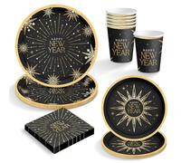 OH YEAH - Kit de vaisselle jetable pour le Nouvel An - Pièces - Assiettes, verres et serviettes de fin d'année - Décoration de table de fête Happy New Year (6 personnes Happy New Year Noir)