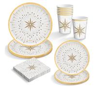 OH YEAH - Kit de vaisselle jetable pour le Nouvel An - Pièces - Assiettes, verres et serviettes - Décoration de table de fête Happy New Year (6 personnes Happy New Year blanc)
