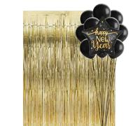 OH YEAH - Kit décoratif Happy New Year - 13 pièces - Ballon Foil 91 cm + 2 rideaux dorés + 10 ballons en latex noir - Pour fêtes, événements, maison, célébrations, fin d'année et Nouvel An - Design