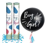 OH YEAH - Kit révélation genre bébé - 2 canons confettis bleus 50 cm - 1 ballon latex Ø90 cm "Boy or Girl?" - Kit Baby Shower enfant - Photocall - Facile à utiliser