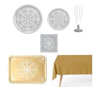 OH YEAH - Kit vaisselle de Noël 12 personnes Flocon de neige argent - 70 pièces - Assiettes, verres et serviettes jetables - Thème de Noël - Dîners de Noël, réunions de famille et fêtes de fin d'année