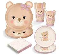 OH YEAH - Kit Vaisselle Jetable Bébé Ourson Rose pour 6 Personnes - 38 Pièces - Assiettes, Gobelets et Serviettes Jetables - Décoration Baby Shower - Baptême - Premier Anniversaire