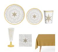 OH YEAH - Kit vaisselle jetable pour 12 personnes - 80 pièces - Blanc et or - Assiettes, verres et serviettes de fin d'année - Décoration de table de fête Happy New Year - Détails dorés métallisés