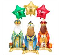 OH YEAH - Lot de 3 ballons en forme de rois mages métallisés personnalisés, 110 cm, avec 3 ballons en forme d'étoile métallisée, personnalisable avec nom de 48 cm - Décoration de Noël - Rois Mages