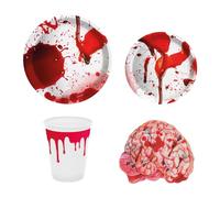 OH YEAH - Lot de 6 personnes - 42 pièces - Décoration Halloween Table Sang - Thème Jour des morts - Accessoires Fête Horreur - Assiettes + Gobelets + Serviettes - Montage facile