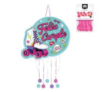 OH YEAH - Piñata Patin Anniversaire Grand 46,2 x 41 cm + 10 Ballons Fuchsia 30 cm - Décoration de fêtes pour enfants - Grandes Pinatas à remplir - Jouets et friandises - Facile à remplir
