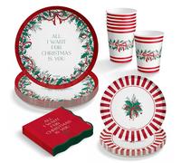 OH YEAH - Vaisselle jetable de Noël 6 personnes All I Want For Christmas - 38 pièces - Assiettes, gobelets, serviettes et nappe - Décoration de table de Noël - Motif houx et nœuds rouges