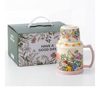 OHAANYY Théière en Céramique Vintage, Service à Thé Fleuri Rétro | Kit 2-en-1 comprenant tasse et soucoupe de 650ml, pichet de porcelaine pour infusion, cadeau de crémaillère