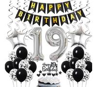 Ohaoduo Décoration Anniversaire 19 ans, Noir et Argent, Ballons Numériques, Guirlande, Latex, Confettis, Cœur, Étoiles, Suspensions, Rubans