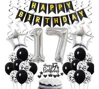 Ohaoduo Décoration Anniversaire Noire et Argentée, Déco 17 Ans Garçon Fille, 32 Ballons Numériques, Guirlande, Ballons Latex, Confettis, Cœur, Étoiles, Suspensions, Rubans