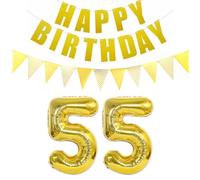 Ohaoduo Lot de 2 ballons en forme de chiffre 55 doré + guirlande Happy Birthday + bannière dorée 55 ans anniversaire anniversaire anniversaire anniversaire anniversaire anniversaire 55 ballons