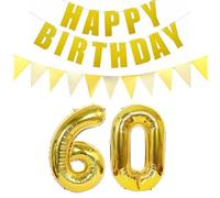 Ohaoduo Lot de 2 ballons en forme de chiffre 60 doré + guirlande Happy Birthday + bannière dorée pour 60e anniversaire anniversaire pour homme femme 60 ans anniversaire anniversaire ballons 60