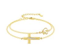 OHAYOO Bracelet croix en or pour femme en argent sterling 925 avec croix et cœur Faith - Foi - Amour - Espoir - Cadeau pour femme et maman