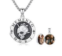 OHAYOO Chaîne avec pendentif photo et tête de mort | Médaillon en argent sterling 925 à ouvrir - Cadeau personnel pour femme/homme avec sa propre image, parfait pour les couples et les familles