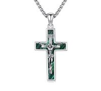 OHAYOO Chaîne en forme de croix pour homme - En argent 925 - Pendentif en forme de croix avec ormeau / turquoise / malachite / lapis lazuli et chaîne en acier inoxydable - Chaîne chrétienne en argent
