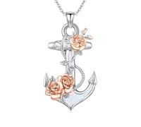 OHAYOO Collier ancre pour femme en argent sterling 925 avec pendentif en opale, foi, amour, espoir, chaîne avec roses, bijou pour femme