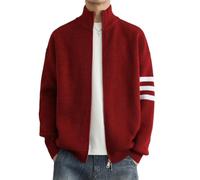OHERUWKLS Gilet Pour Homme À Fermeture Éclair Intégrale, Pull Cardigan Avec Décoration Rayée, Manches Longues, Manteau Ample,Rouge,M