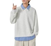 OHERUWKLS Pull À Col Polo Pour Homme À Carreaux En Patchwork À Fausse Pièce Manches Longues Ample,Gris,S