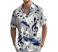 Oheyeseker Chemise Décontractée Homme Été à Manches Courtes Hawaienne Musique Imprimé Motif Plage Tendance Vacances Chemise avec Boutons pour Adulte Musique Blanche A M