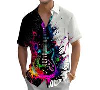 Oheyeseker Chemise Décontractée Homme Été à Manches Courtes Hawaienne Musique Imprimé Motif Plage Tendance Vacances Chemise avec Boutons pour Adulte Guitare Musicale Noir L