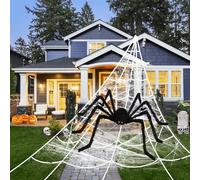 OHHXGK Halloween Deco Filet Araignée Set de Décoration 5M Toile D'araignée, 125cm Géante Araignée & 20 Mini Araignée, Toiles D'araignée en Plein Air Halloween Décoration de Fête Jardin
