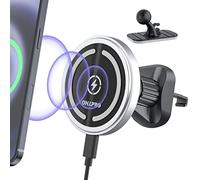 OHLPRO Support Téléphone Voiture Magnétique Argent, Fixation à Crochet Stable, Charge sans Fil Induction pour iPhone 17 16 15 14 13 12 Pro Max, Aluminium Premium