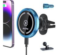 OHLPRO Support Téléphone Voiture Magnétique Bleu avec Chargeur Allume-Cigare 15W, Charge sans Fil Rapide MagSafe pour iPhone 17 16 15 14 13 12 Pro Max, Kit Complet