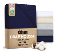Ôhm Drap Housse 120x200 cm Bleu - Coton Jersey 100% Extensible Type T-Shirt - Doux et Respirant pour Nuits Confortables - Bonnet 28 cm pour Matelas Épais 25 à 30 cm - Certifié Oeko-TEX