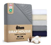 Ôhm Drap Housse 90x200 cm Anthracite - Coton Jersey 100% Extensible Type T-Shirt - Doux et Respirant pour Nuits Confortables - Bonnet 28 cm pour Matelas Épais 25 à 30 cm - Certifié Oeko-TEX