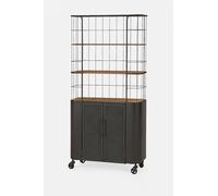 Ohm Étagère industrielle haute pour salon/cuisine/bureau, métal et bois massif naturel, avec portes en grille et étagères ouvertes, style loft industriel, rétro