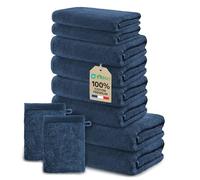 Ôhm Pack Serviettes Salle de Bain 10 Pièces Bleu foncé 100% Coton 500 g/m² - 2 Serviettes 70x140, 4 Serviettes 50x100, 2 Serviettes 30x50 + 2 Gants 15x20 - Oeko-TEX
