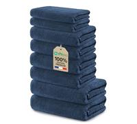 Ôhm Set Salle de Bain 8 Pièces Bleu foncé 100% Coton 500 g/m² - 2 Serviettes 70x140 cm + 4 Serviettes 50x100 cm + 2 Serviettes 30x50 cm - Ensemble Linge de Bain Familial et Couple - Certifié Oeko-TEX