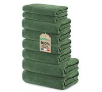 Ôhm Set Salle de Bain 8 Pièces Vert Sapin 100% Coton 500 g/m² - 2 Serviettes 70x140 cm + 4 Serviettes 50x100 cm + 2 Serviettes 30x50 cm - Ensemble Linge de Bain Familial et Couple - Certifié Oeko-TEX