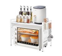 OHMG 2 Niveaux Support de Four à Micro-Ondes Extensible, Etagere Rangement Cuisine Four à Micro Ondes, avec 6 Crochets, Support de Four à Micro-Ondes, Etagere Cuisine Micro Onde, Blanc