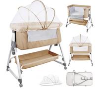 OHMG 3 en 1 Lit Cododo Bébé avec Matelas & 6 Hauteur Réglable,Berceau évolutif,Lit Bébé Evolutif avec Inclinaison & 2 Sangles, Roues avec Frein, Sac de Transport, Charge 9kg (Blanc cassé)