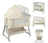 OHMG 3 en 1 Lit Cododo Bébé avec Matelas & 6 Hauteur Réglable,Berceau évolutif,Lit Bébé Evolutif avec Inclinaison & 2 Sangles, Roues avec Frein, Sac de Transport (Blanc cassé（50 * 91 * 68-81cm）)