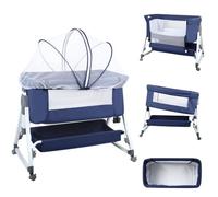 OHMG 3 en 1 Lit Cododo Bébé avec Matelas & 6 Hauteur Réglable,Berceau évolutif,Lit Bébé Evolutif avec Inclinaison & 2 Sangles, Roues avec Frein, Sac de Transport, Charge 9kg (Bleu foncé)