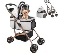 OHMG 3 en 1 Poussette buggy pliable animaux chariot pliante chien chat porte-gobelet panier de rangement inclus roues avec frein tissu 600D Oxford acier,Jusqu'à 40 kg