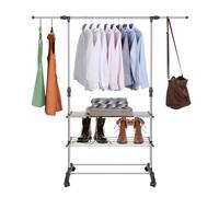 OHMG 3 Niveaux Porte-manteau,Portant à Vêtement,Penderie,Vestiaire Entrée, Porte Vêtement, avec Tringle et Roulettes,Mobile,Hauteur Réglables,avec étagères à Chaussures