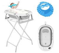 OHMG Baignoire bebe avec Support 85cm，Baignoire Pliable Bébé sur Pied，Sécurisée et Confortable Bassine Pliable Bebe avec Thermomètre et Coussin de bain，Baignoire bébé pliante