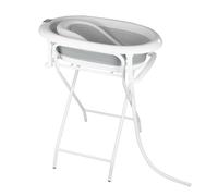 OHMG Baignoire bebe avec Support 85cm，Baignoire Pliable Bébé sur Pied，Sécurisée et Confortable Bassine Pliable Bebe avec Thermomètre et Coussin de bain，Baignoire bébé pliante