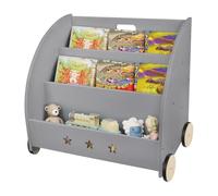 OHMG Bibliothèque pour Enfants,avec Roues,Étagère pour Livres et Jouets,Rangement avec 3 Compartiments pour Chambre Salle de Jeux méthode Montessori,Blanc/Gris