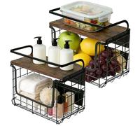 OHMG Corbeille a Fruit,2 Etages Panier a Fruit de Cuisine avec Couvercle en Bois Panier a Fruits Empilable Montable au Mur,Rangement Fruits Légumes (Noir（2P）, 30.5 * 16 * 26CM)