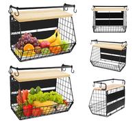 OHMG Corbeille a Fruit, Panier a Fruit de Mural, Empilable et Montable au Mur avec Couvercle en Bois und Crochets pour Fruit Basket, Corbeille en Métal pour Ranger Les Fruits et Les Légumes